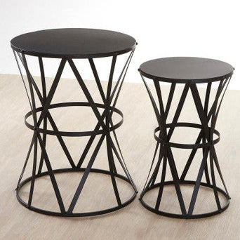 Set of 2 Black Round Metal Top Nesting Side Tables with Cross Lattice Frame | Avantis