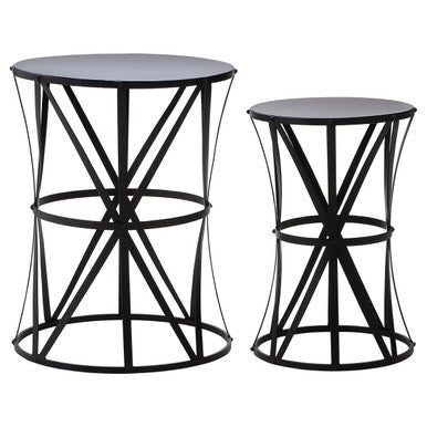 Set of 2 Black Round Metal Top Nesting Side Tables with Cross Lattice Frame | Avantis