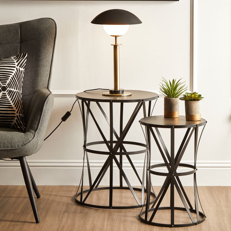 Set of 2 Black Round Metal Top Nesting Side Tables with Cross Lattice Frame | Avantis