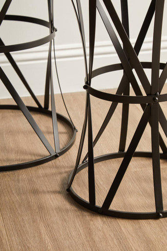 Set of 2 Black Round Metal Top Nesting Side Tables with Cross Lattice Frame | Avantis