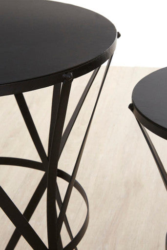 Set of 2 Black Round Metal Top Nesting Side Tables with Cross Lattice Frame | Avantis