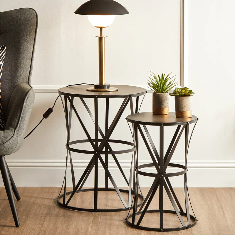 Set of 2 Black Round Metal Top Nesting Side Tables with Cross Lattice Frame | Avantis