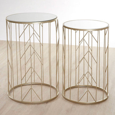 Art Deco Set of Two Champagne Finish Metal Base Side Tables with Reflective Mirrored Tops | Avantis