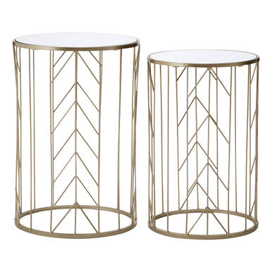 Art Deco Set of Two Champagne Finish Metal Base Side Tables with Reflective Mirrored Tops | Avantis