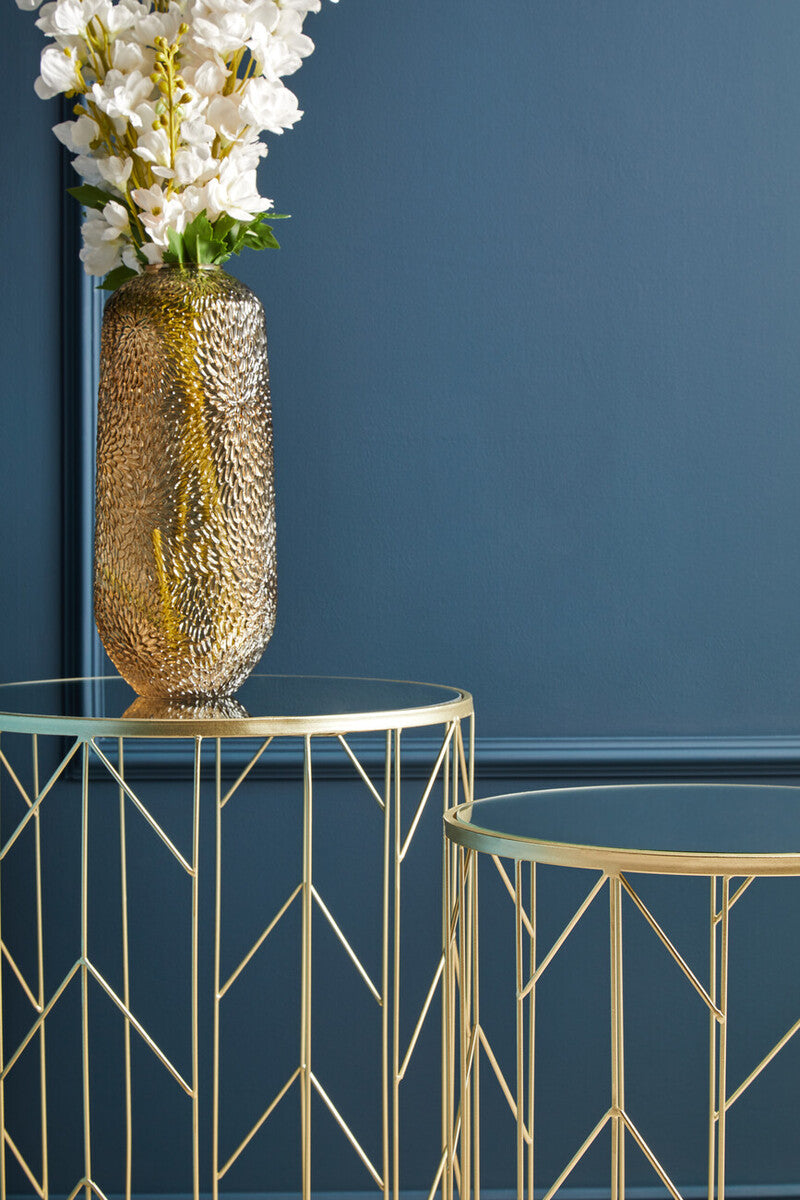 Art Deco Set of Two Champagne Finish Metal Base Side Tables with Reflective Mirrored Tops | Avantis