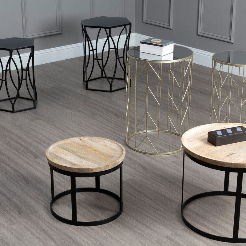 Art Deco Set of Two Champagne Finish Metal Base Side Tables with Reflective Mirrored Tops | Avantis