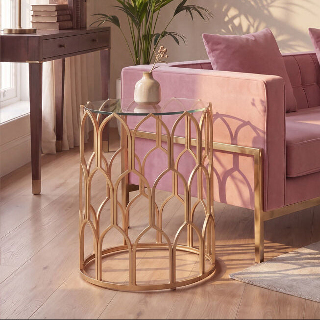 Gold Round Side Table with Geometric Design | Merlin
