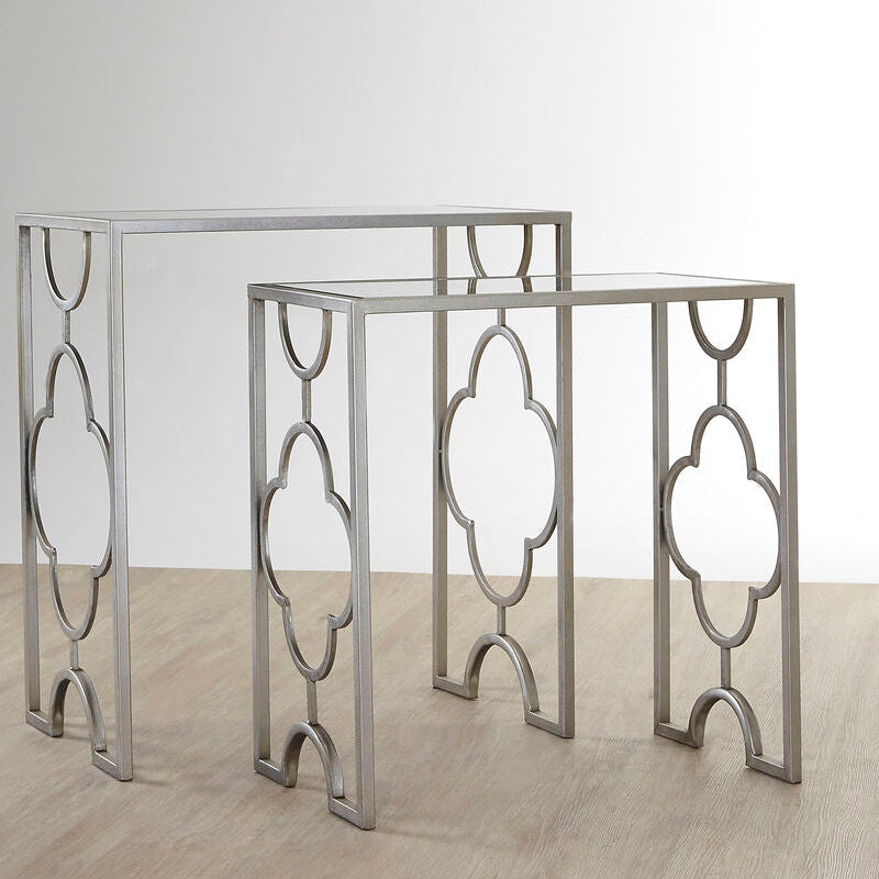 Set of 2 Tempered Glass Top Side Table with Silver Leaf Finish Base | Merlin