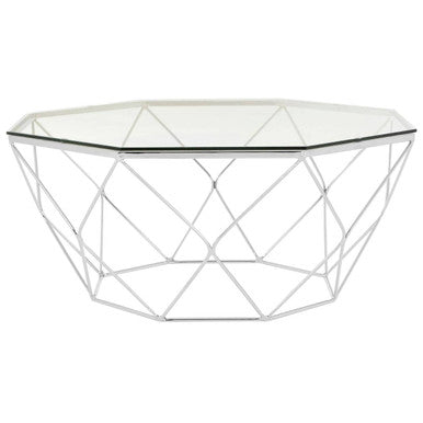 Hexagon Tempered Glass Top Coffee Table with Silver Chrome Geometric Base | Allure
