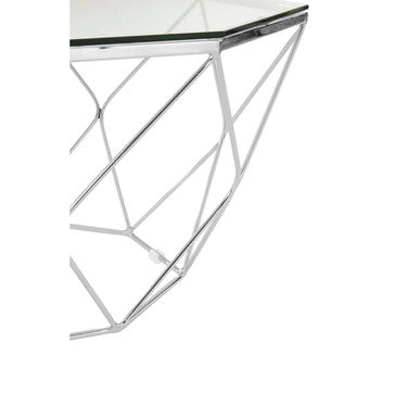 Hexagon Tempered Glass Top Coffee Table with Silver Chrome Geometric Base | Allure