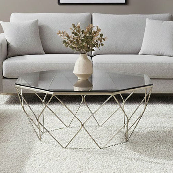 Hexagon Tempered Glass Top Coffee Table with Gold Brushed Nickel Base | Allure