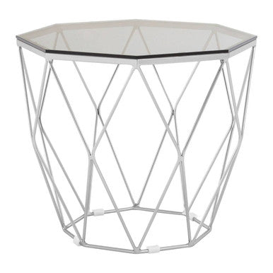 Smoke Grey Tempered Glass Top Octagonal End Table with Brushed Nickel Geometric Base | Allure