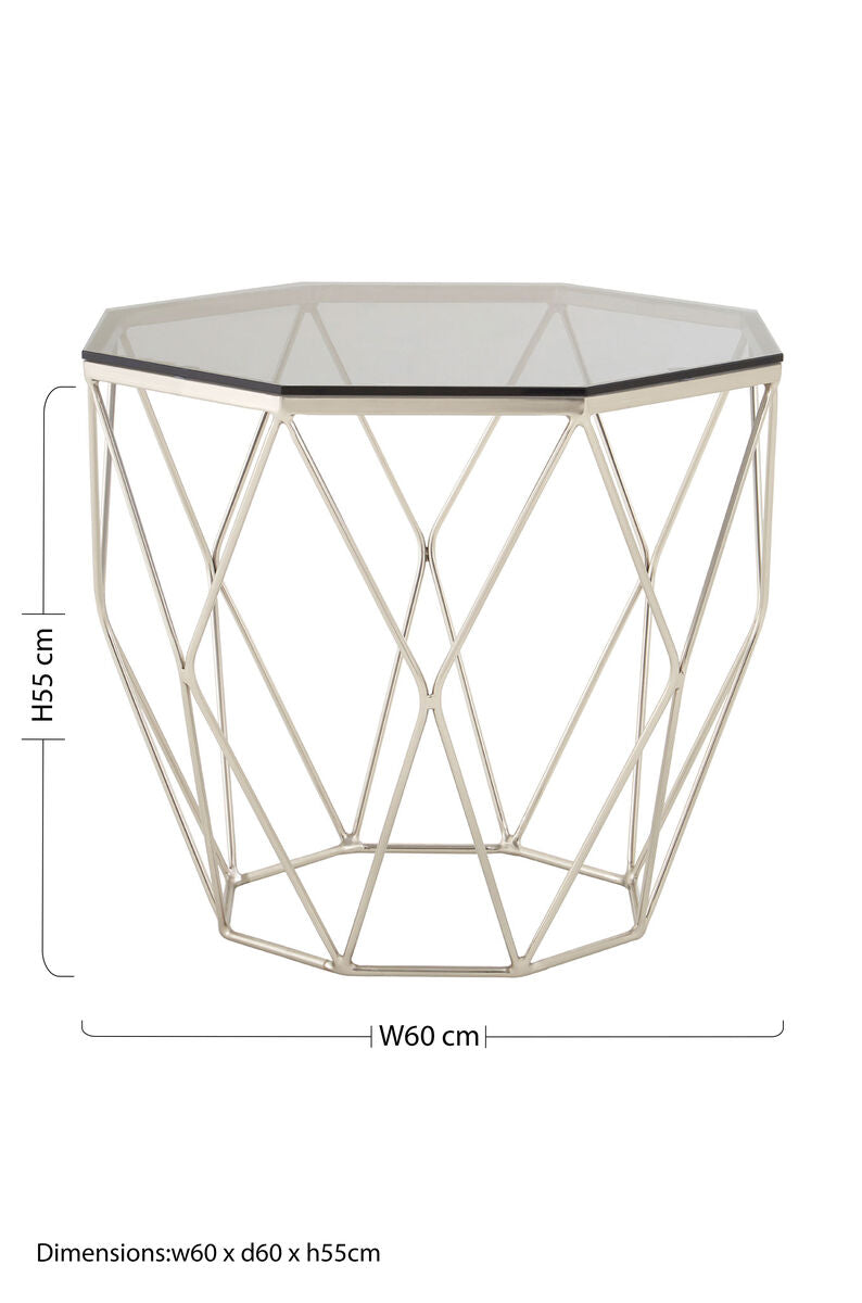 Smoke Grey Tempered Glass Top Octagonal End Table with Brushed Nickel Geometric Base | Allure