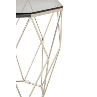 Smoke Grey Tempered Glass Top Octagonal End Table with Brushed Nickel Geometric Base | Allure