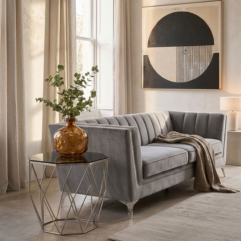 Smoke Grey Tempered Glass Top Octagonal End Table with Brushed Nickel Geometric Base | Allure