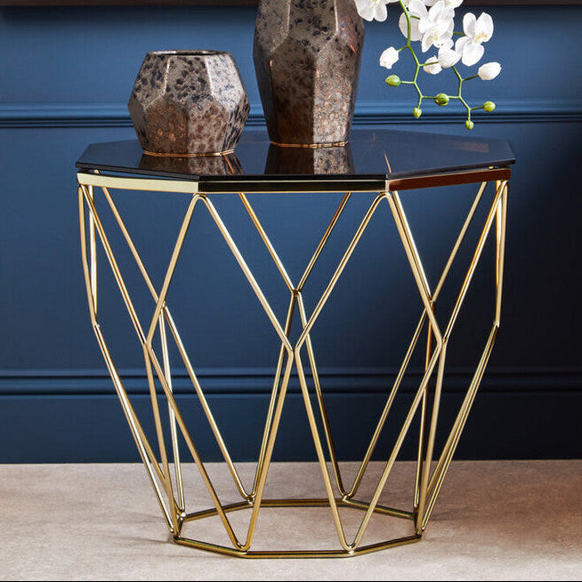 Brush Brushed Bronze Metal Geometric Side Table with Hexagonal Tempered Glass Top | Allure