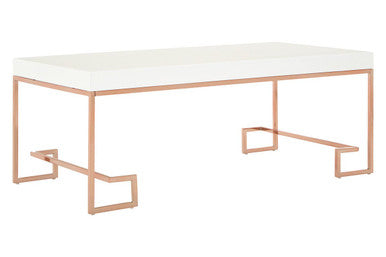 White High Gloss Wood Top Coffee Table with Rose Gold Angled Stainless Steel Leg | Allure