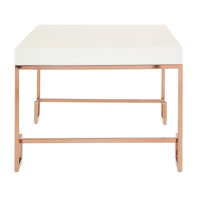 White High Gloss Wood Top Coffee Table with Rose Gold Angled Stainless Steel Leg | Allure