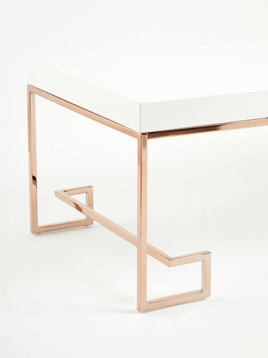 White High Gloss Wood Top Coffee Table with Rose Gold Angled Stainless Steel Leg | Allure