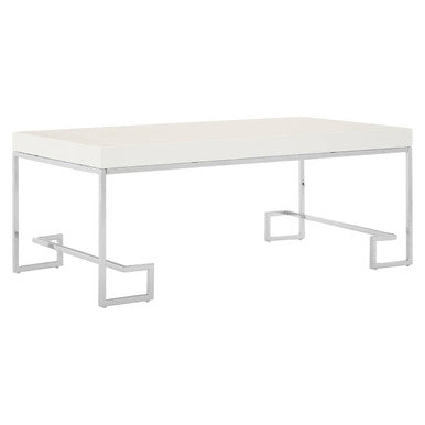 White High Gloss Wood Top Coffee Table with Silver Chrome Angled Stainless Steel Leg | Allure