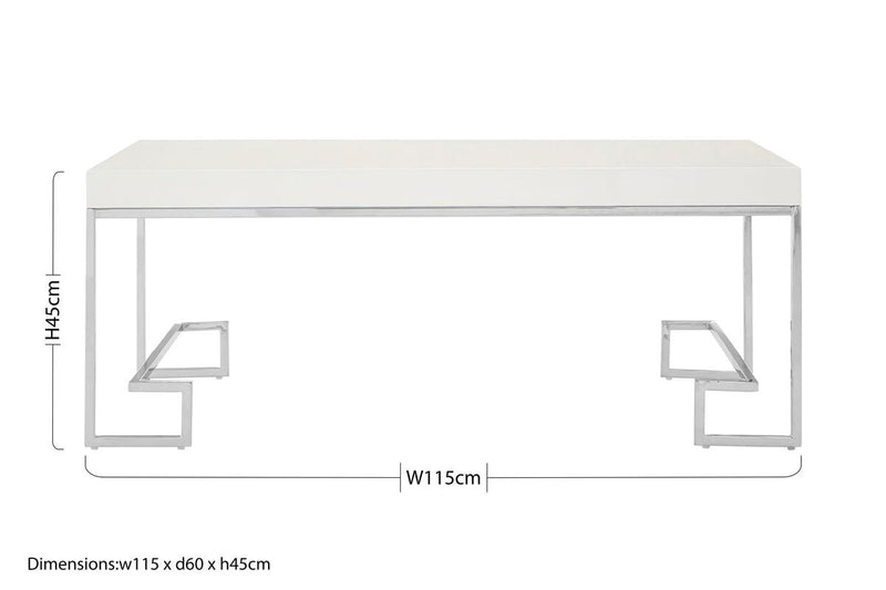 White High Gloss Wood Top Coffee Table with Silver Chrome Angled Stainless Steel Leg | Allure