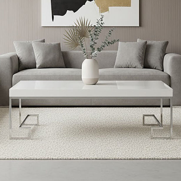 White High Gloss Wood Top Coffee Table with Silver Chrome Angled Stainless Steel Leg | Allure