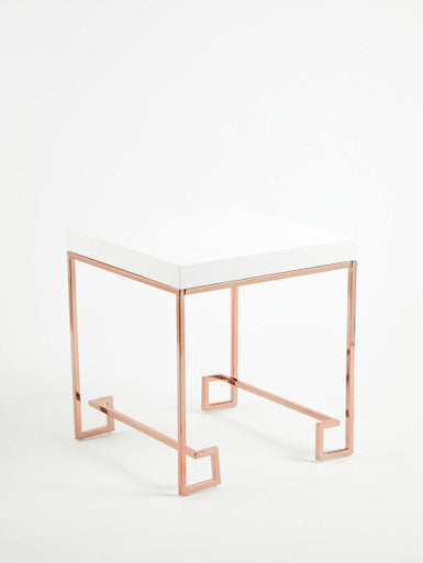 White High Gloss Wood Top End Table with Rose Gold Angled Stainless Steel Leg | Allure