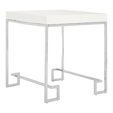 White High Gloss Wood Top End Table with Silver Chrome Angled Stainless Steel Leg | Allure