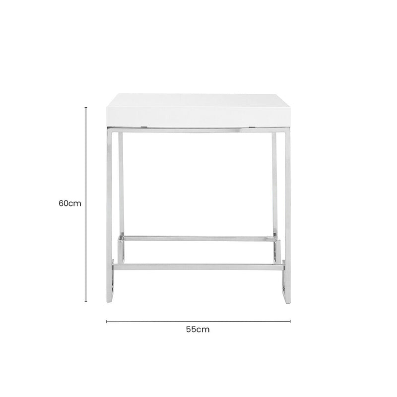 White High Gloss Wood Top End Table with Silver Chrome Angled Stainless Steel Leg | Allure