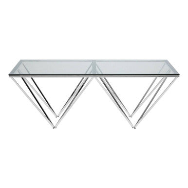 Clear Tempered Glass Coffee Table with Chrome Metal Triangular Base | Allure