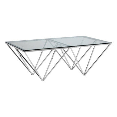 Clear Tempered Glass Coffee Table with Chrome Metal Triangular Base | Allure