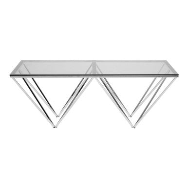 Clear Tempered Glass Coffee Table with Chrome Metal Triangular Base | Allure
