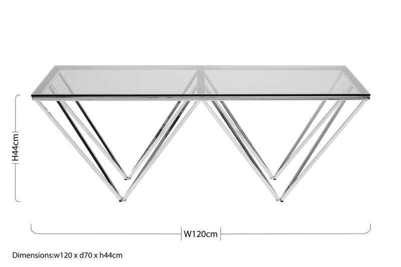 Clear Tempered Glass Coffee Table with Chrome Metal Triangular Base | Allure
