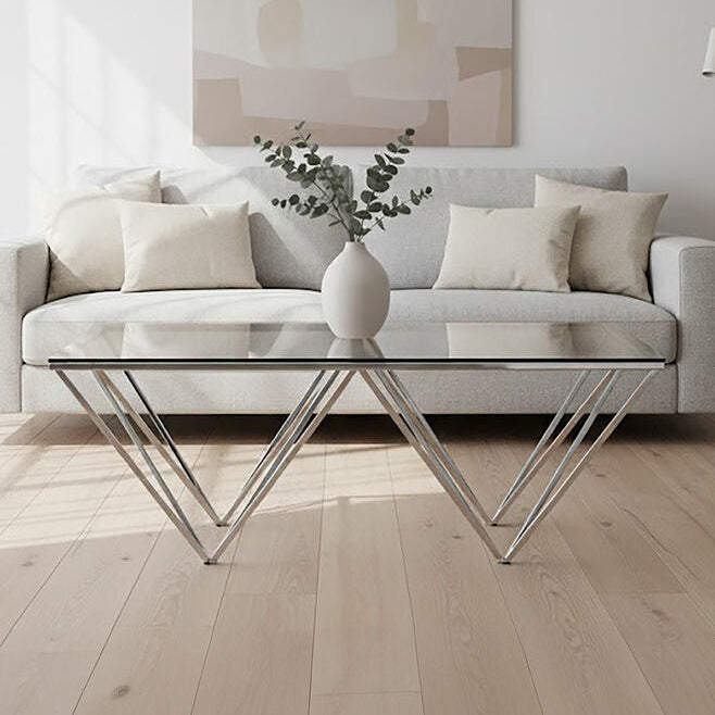 Clear Tempered Glass Coffee Table with Chrome Metal Triangular Base | Allure