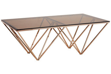 Red-Tinted Tempered Glass Top Coffee Table with Geometric Prismatic Champagne Metal Legs | Allure