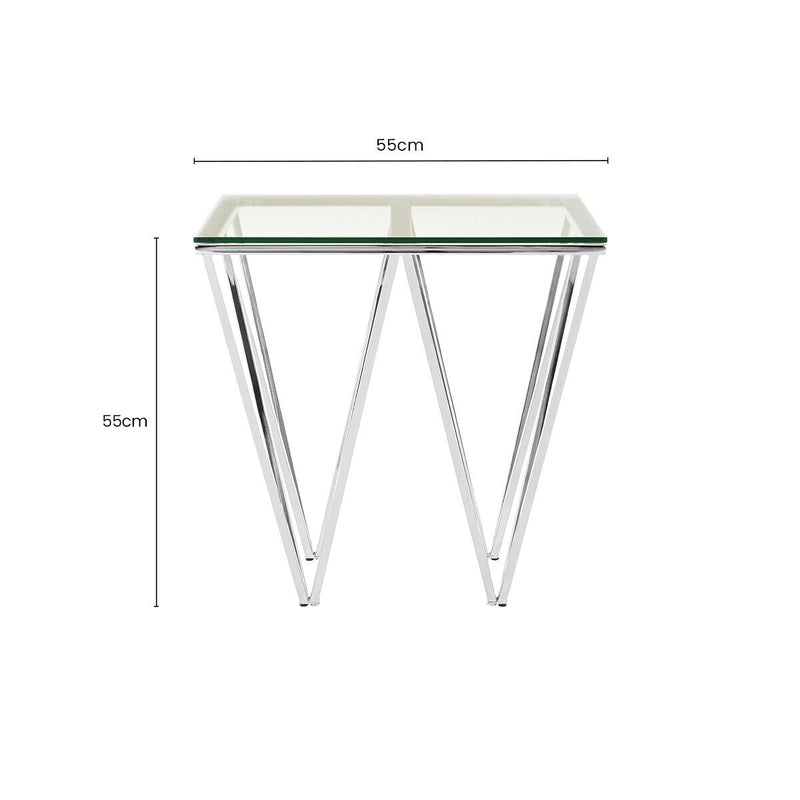 Clear Tempered Glass Coffee Table with Chrome Triangular Metal Legs | Allure