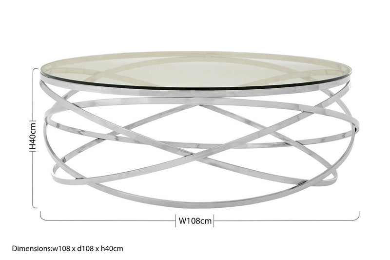 Round Tempered Glass Top Coffee Table with Silver Swirl Stainless Steel Hoop Base | Allure