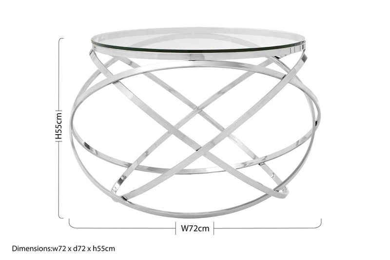 Clear Glass Round Top End Table with Silver Stainless Steel Overlapping Hoop Base | Allure