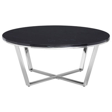 Round Black Faux Marble Coffee Table with Chrome Lattice Leg Design | Allure