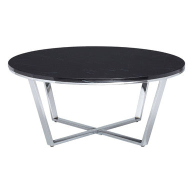 Round Black Faux Marble Coffee Table with Chrome Lattice Leg Design | Allure