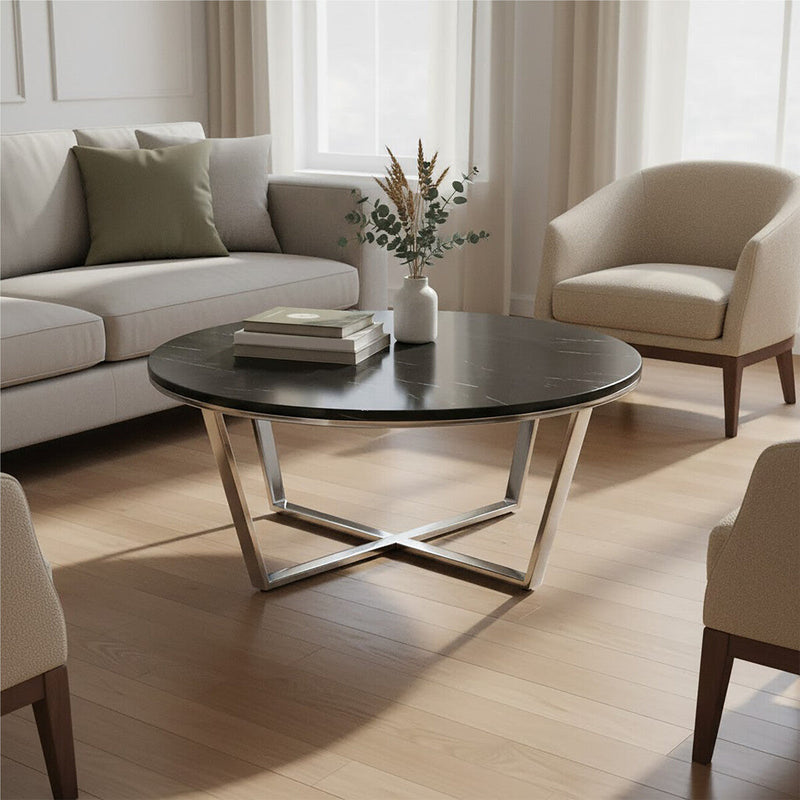 Round Black Faux Marble Coffee Table with Chrome Lattice Leg Design | Allure