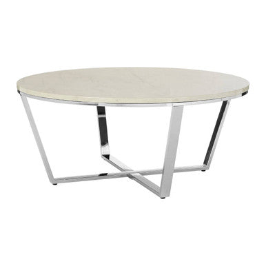 Round White Faux Marble Coffee Table with Chrome Lattice Leg Design | Allure
