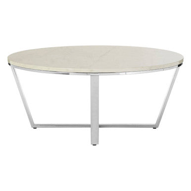 Round White Faux Marble Coffee Table with Chrome Lattice Leg Design | Allure