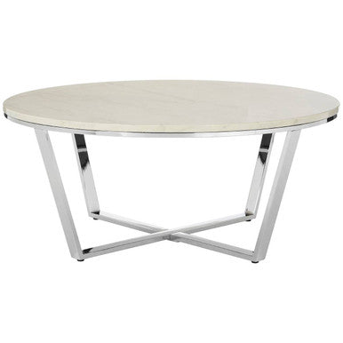 Round White Faux Marble Coffee Table with Chrome Lattice Leg Design | Allure