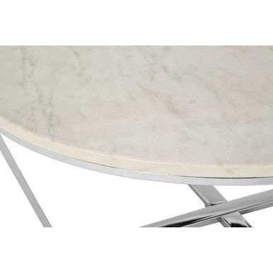 Round White Faux Marble Coffee Table with Chrome Lattice Leg Design | Allure