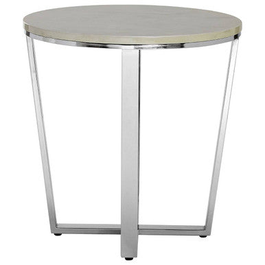 Round White Faux Marble End Table with Chrome Lattice Leg Design | Allure