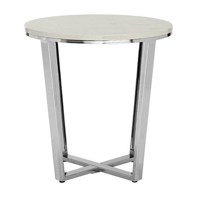 Round White Faux Marble End Table with Chrome Lattice Leg Design | Allure