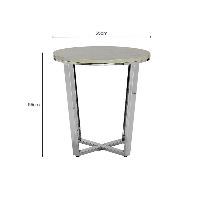 Round White Faux Marble End Table with Chrome Lattice Leg Design | Allure