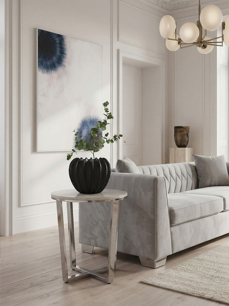 Round White Faux Marble End Table with Chrome Lattice Leg Design | Allure