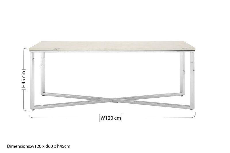 White Faux Marble Coffee Table with Chrome Lattice Leg Design | Allure